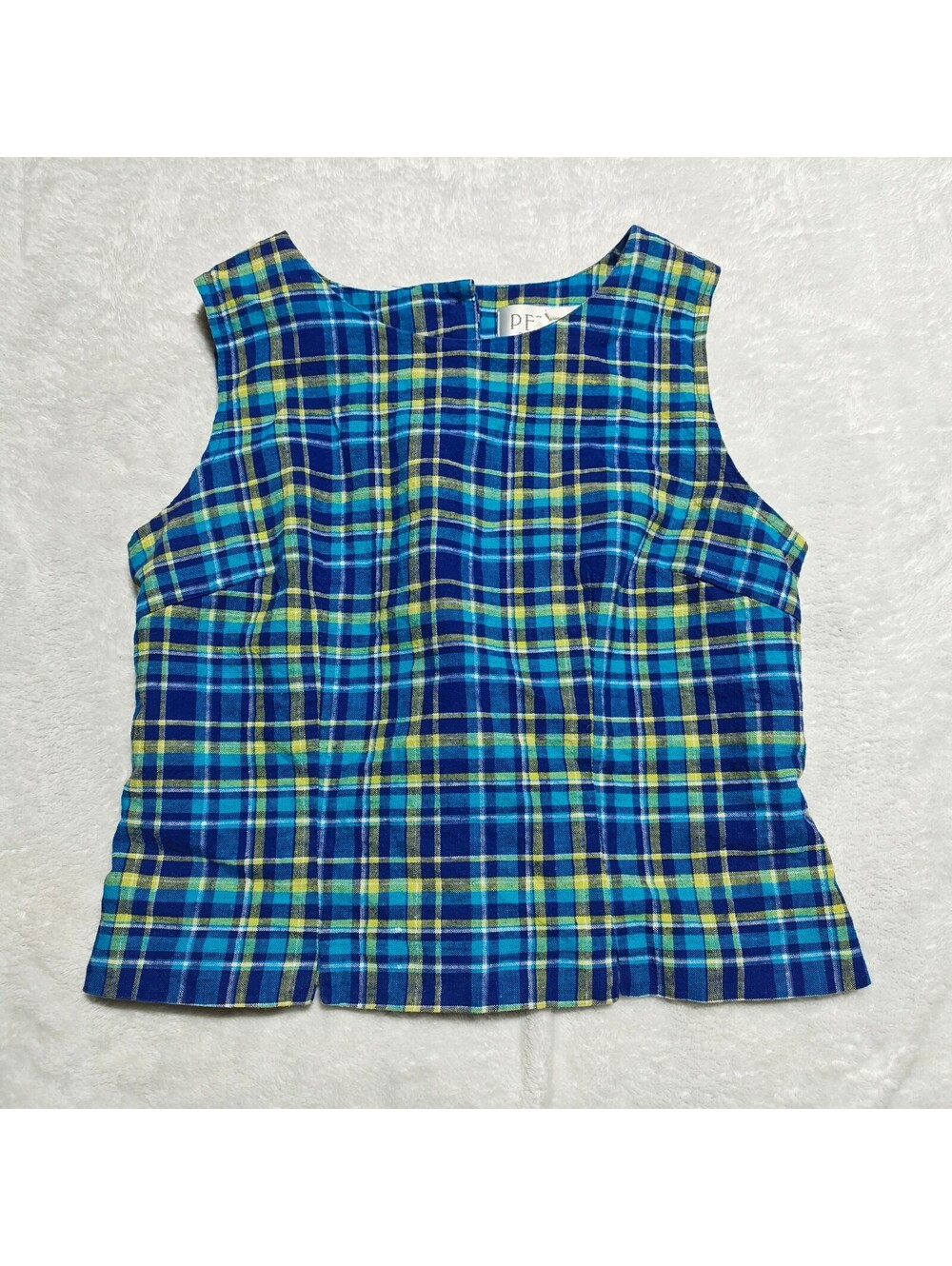American Vintage blue and green plaid button back linen blend tank top